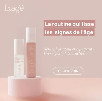Visuel publicitaire cosmétique Ixage, routine anti-âge